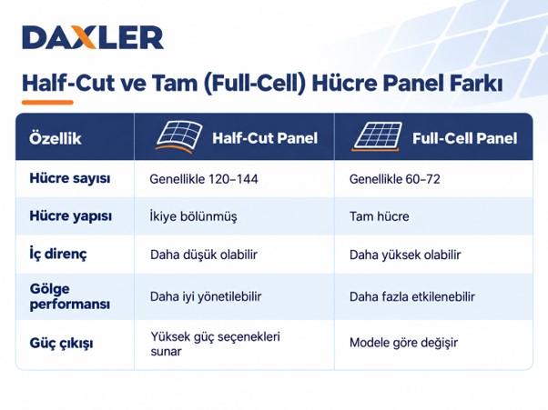Half-Cut ve Tam (Full-Cell) Hücre karşılaştırması